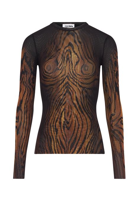 top long sleeves mesh printed wood donna nero e marrone JEAN PAUL GAULTIER | 25/03-W-TO335-M002P0060